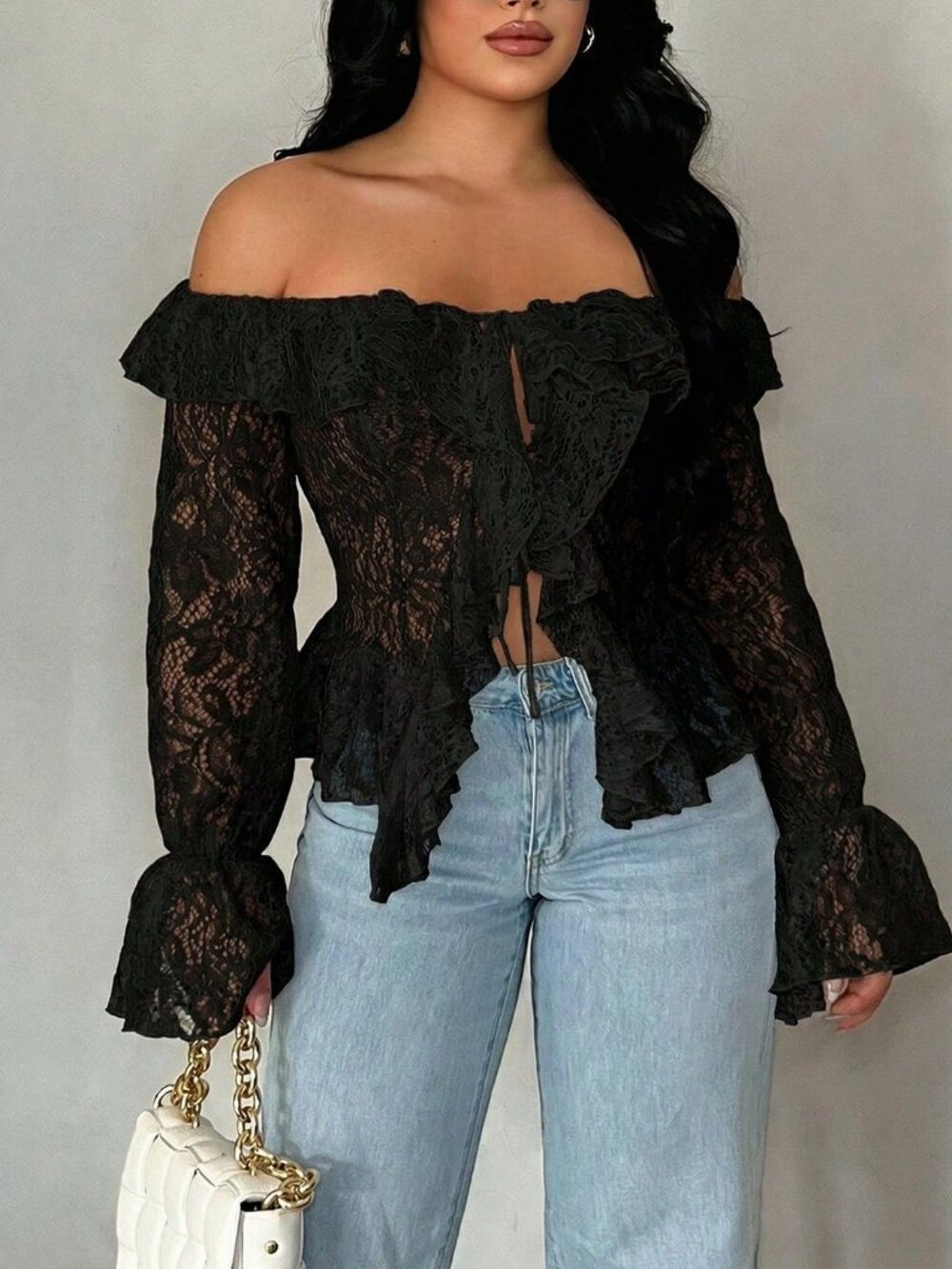 Elegant Women's Plus Size Ruffle Trim Off Shoulder Long Sleeve Sheer Lace Blouse - Picture 7 of 8